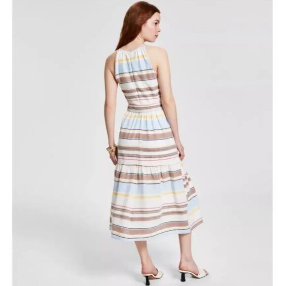 Brand New Women's DKNY Cotton Halter-Neck Midi Belted Dress - Picture 2 of 10